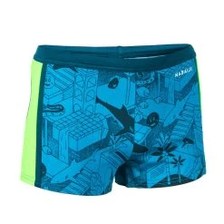 Boxer De Bain Natation Garçon - Yokob - Bleu Sombre / Vert Fluo