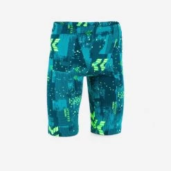 Jammer De Natation Garçon - Fitib - Bleu Pétrole / Vert Fluo