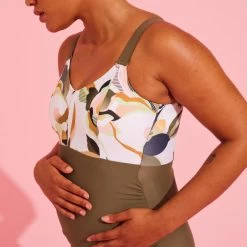 Maillot De Bain Femme De Grossesse Aquagym Natation AYA Kaki Flo Blanc -Pas Cher Nautisport Magasin maillot de bain femme de grossesse aquagym natation aya kaki flo blanc 4